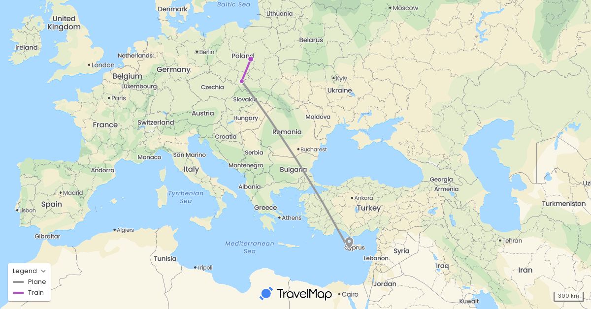 TravelMap itinerary: driving, plane, train in Cyprus, Poland (Asia, Europe)